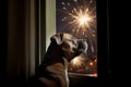 Dog watching fireworks through window. Royalty Free Stock Photo