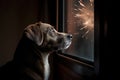 Dog watching fireworks through window. Generative AI illustration Royalty Free Stock Photo