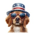 Dog Wearing American Hat and Glasses Celebrating Independence Day, Generative AI