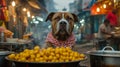 A dog wearing a bandana standing in front of bowls filled with food, AI