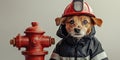 Dog wearing firefighter uniform posing next to a red fire hydrant Royalty Free Stock Photo