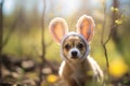 Dog wearing funny large Easter bunny ears headband in nature