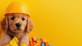 A dog wearing a hard hat and yellow vest with blocks, AI Royalty Free Stock Photo