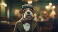 A dog wearing a hat and suit in an old timey setting, AI Royalty Free Stock Photo