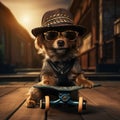 A dog wearing a hat and sunglasses sits on a skateboard Royalty Free Stock Photo