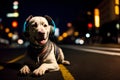 A Dog Wearing Headphones Laying On The Side Of The Road. Generative AI