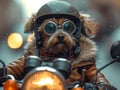 Dog Wearing Helmet and Goggles Riding on a Motorcycle. Royalty Free Stock Photo
