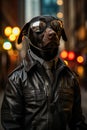 Dog wearing leather jacket and sunglasses on city street. Generative AI Royalty Free Stock Photo