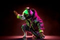 Dog wearing neon color outfit and dancing with headphones and white lime green pink light background in party , street fashion ,