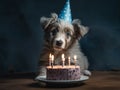 A dog wearing party hat with a birthday cake, blow candles, happy birthday and celebration concept, generative AI
