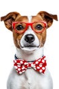 A dog wearing red glasses and a red and white polka dot bow tie Royalty Free Stock Photo