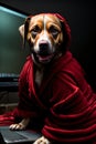 A Dog Wearing A Red Robe Sitting In Front Of A Laptop. Generative AI Royalty Free Stock Photo