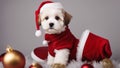 dog wearing santa hat Cute sitting Bichon Havanese puppy dog in Christmas - Santa hat. on a white background Royalty Free Stock Photo
