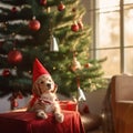 Dog wearing Santa hat in living room with Christmas decorations Royalty Free Stock Photo