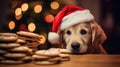 A dog wearing a santa hat sits next to cookies, AI Royalty Free Stock Photo