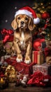 A dog wearing a santa hat sitting on a pile of presents, AI Royalty Free Stock Photo