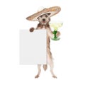 Dog Wearing Sombrero Holding Margarita and Sign