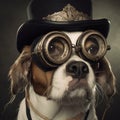 Dog wearing steampunk goggles and a tophat. Created using ai generative.