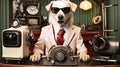 A dog wearing a suit and tie sitting at a table, AI Royalty Free Stock Photo