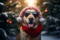 Dog wearing sunglasses, hat and scarf with Christmas tree on background. Winter season, pet concept Royalty Free Stock Photo