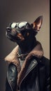 A dog wearing sunglasses and a leather jacket with fur, AI Royalty Free Stock Photo