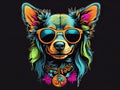 Dog wearing sunglasses and necklace with flower on collar, on black background. Generated AI Royalty Free Stock Photo