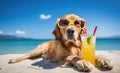 Dog wearing sunglasses on a sandy beach, ocean in background. Generative Ai Royalty Free Stock Photo