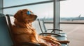 A dog wearing sunglasses sitting in an airport chair, AI