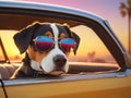 dog wearing sunglasses sitting in the passenger seat of a car