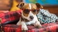 A dog wearing sunglasses sitting on a red and white plaid suitcase, AI