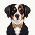 A dog wearing a tuxedo and a bow tie.