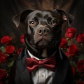 dog wearing tuxedo an red rose. cute fluffy in a bow tie on dark background. generative ai