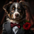 dog wearing tuxedo an red rose. cute fluffy in a bow tie on dark background. generative ai