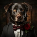 dog wearing tuxedo an red rose. cute fluffy in a bow tie on dark background. generative ai