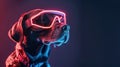 Dog wearing vision pro VR glasses, bone neon icon room background. Generative AI Royalty Free Stock Photo