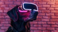 Dog wearing vision pro VR glasses, bone neon icon room background. Generative AI Royalty Free Stock Photo