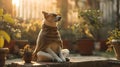 Dog wearing a warm scarf and sunglasses sitting in the garden in meditation position