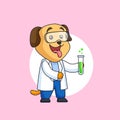 Dog wearing white coat and glasses carrying green chemical liquid vector illustration for scientist occupation animal mascot
