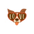 Dog wears glasses with love text into. Funny lovely puppy head for the Valentines day. Isolated dog illustration Royalty Free Stock Photo