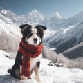 A dog wears a red scarf standing in the mountains in snow. ai generative