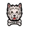 Dog West Highland White Terrier face with bone. Good boy lettering. Vector illustration.