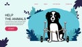 Dog in a wheelchair for the hind paws. Vector illustration in a flat style landing page banner help animals animal care