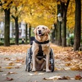 Dog with a wheelchair in the park,Disabled animal,AI generated