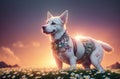 Dog with white fur on green lawn with daisies at sunset. Cute animal with beautiful jewelry on body. Generative AI.