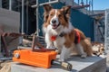 dog wielding toolbox and hammer, working on futuristic building project