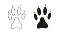 Dog, wolf, coyote or fox paw footprint with claws. Silhouette, contour. Icon. Black vector isolated on white. Paw print