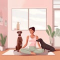 dog woman fitness wellness training lifestyle sport body home yoga cartoon. Generative AI. Royalty Free Stock Photo