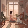 asana dog woman lifestyle sport cartoon home yoga training body fitness. Generative AI.