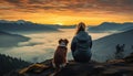 A dog and a woman sitting, enjoying the mountain view generated by AI Royalty Free Stock Photo