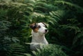 The dog in the woods. Jack Russell Terrier in the fern. little pet in nature.